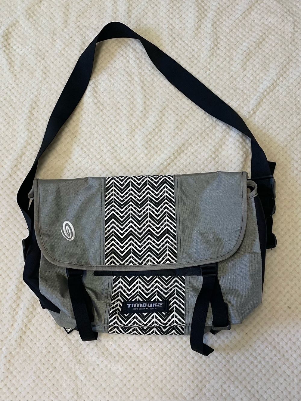 Timbuk2 Gray Messenger Bag with Black-and-White Chevron Panel